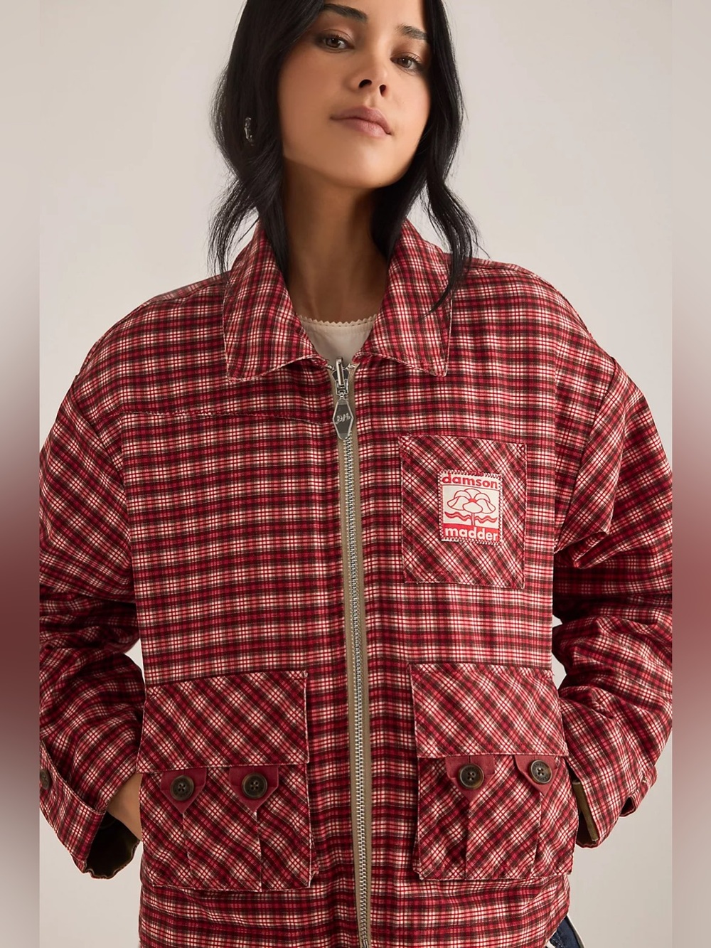 Anthropologie Damson Madder Marcelle Reversible Barn Jacket Plaid Khaki 8 NWT - Picture 3 of 15